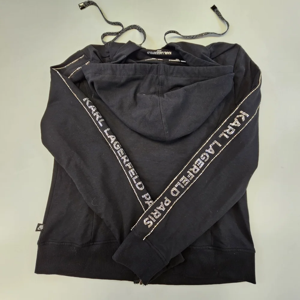 Karl Lagerfeld Black Hoodie Full Zip Spellout Tape With Sparkles Womens Small - Picture 8 of 8